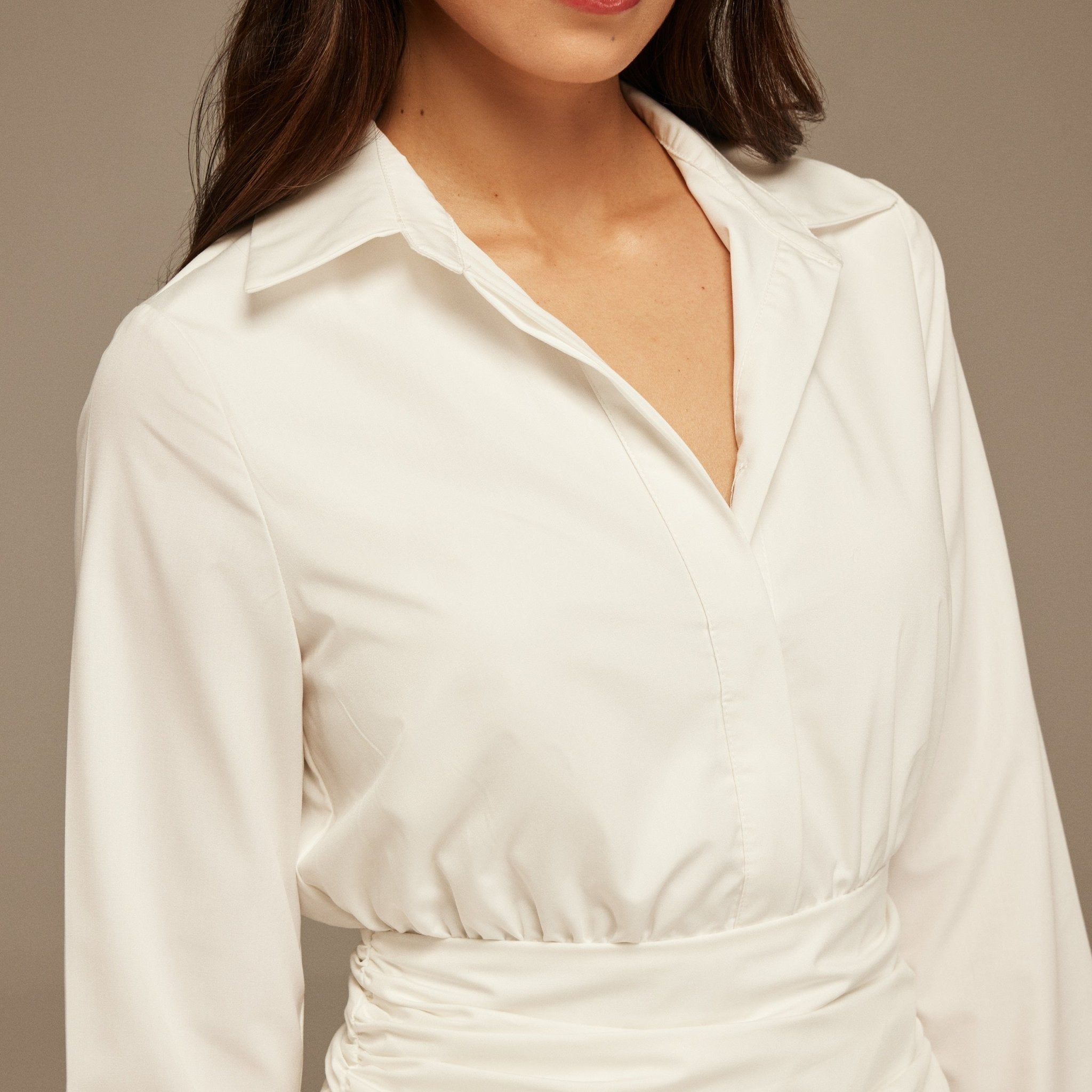 White Poplin Shirt Dress With Gathered Waist - shopaleena