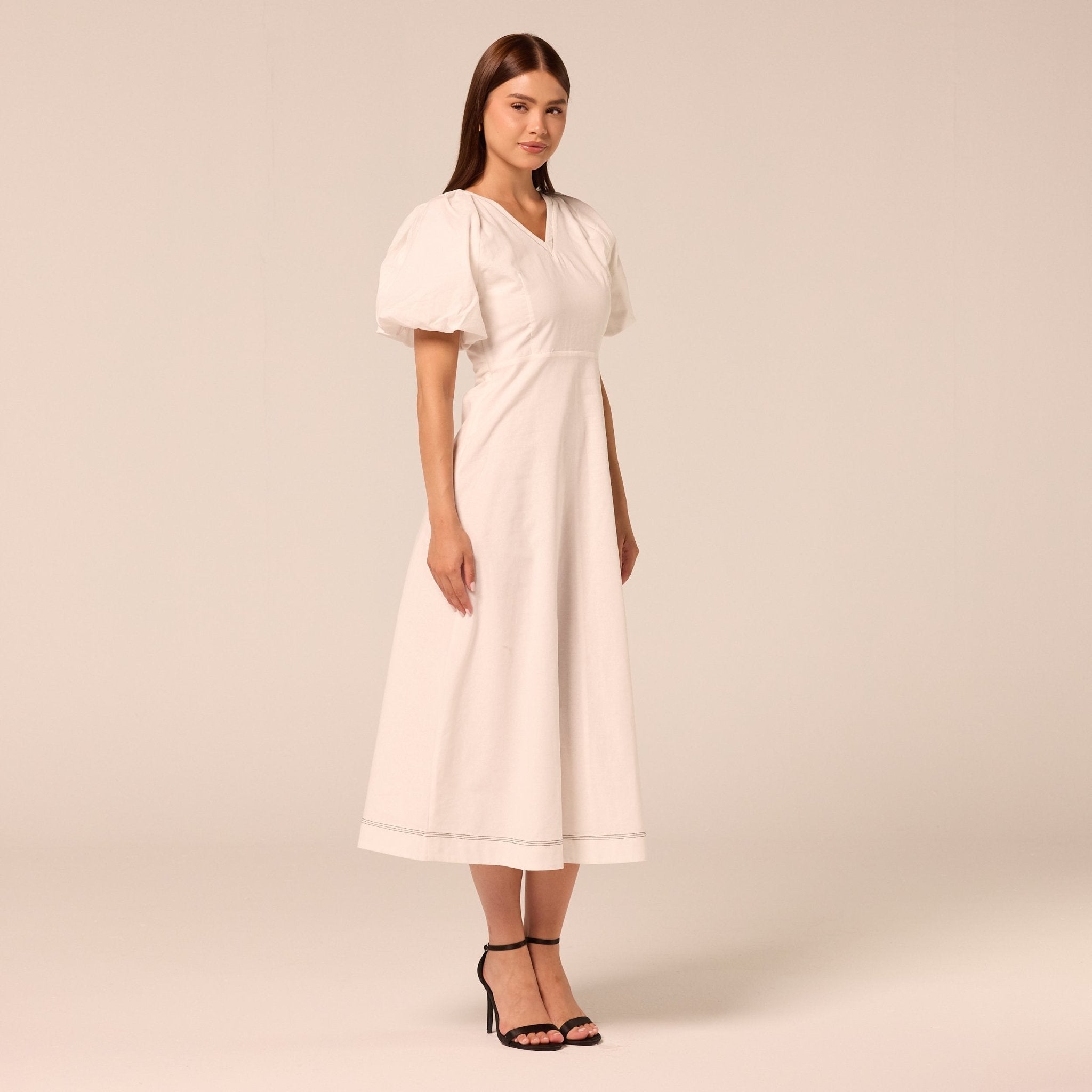 White Puff Sleeve Cotton Midi Dress - shopaleena