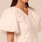 White Puff Sleeve Cotton Midi Dress - shopaleena