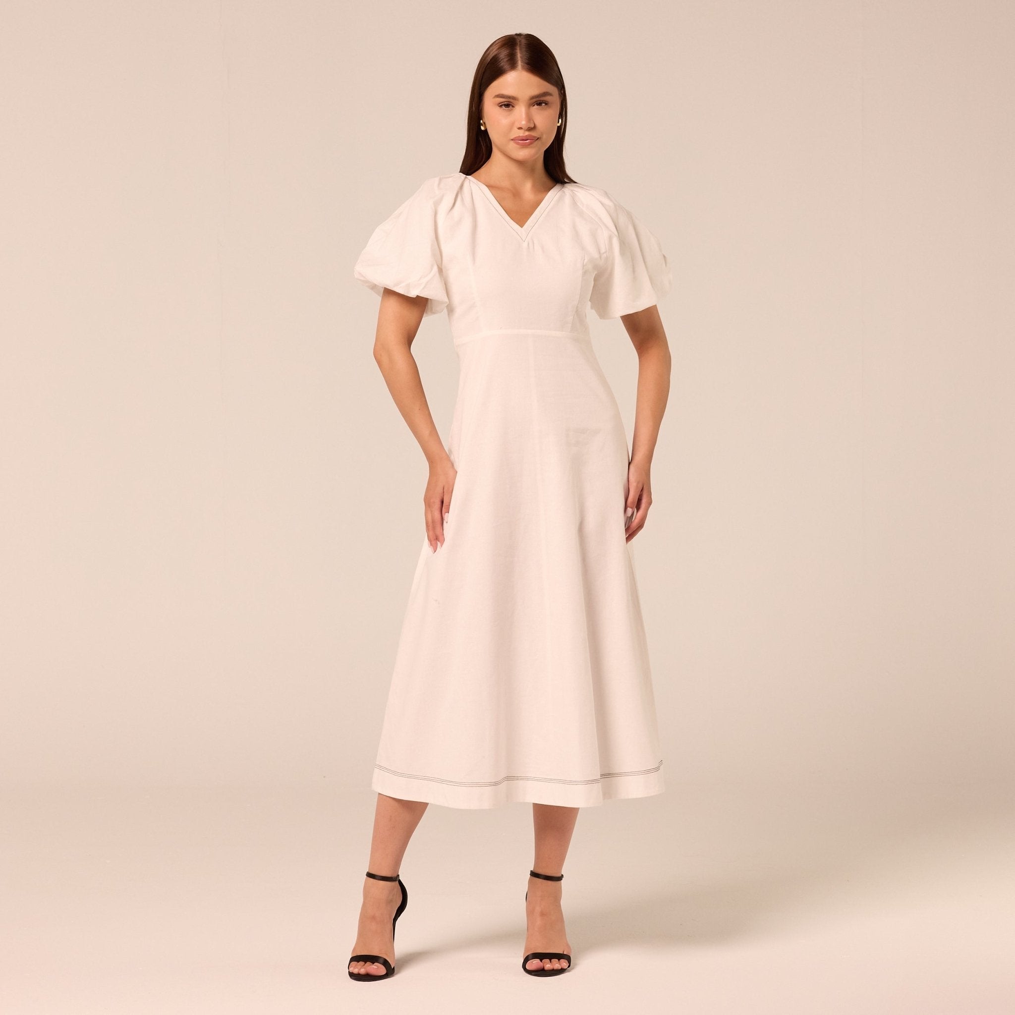 White Puff Sleeve Cotton Midi Dress - shopaleena