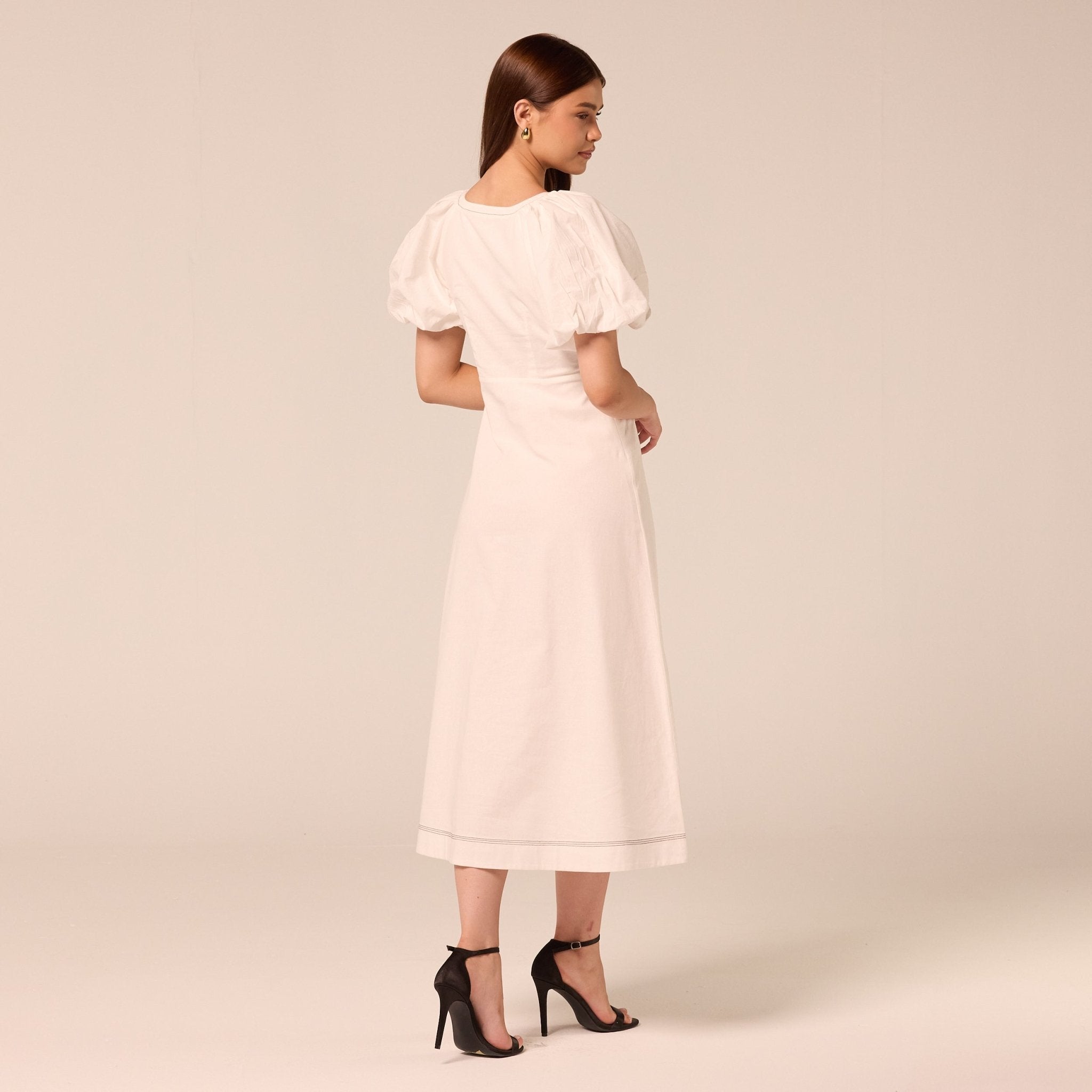 White Puff Sleeve Cotton Midi Dress - shopaleena