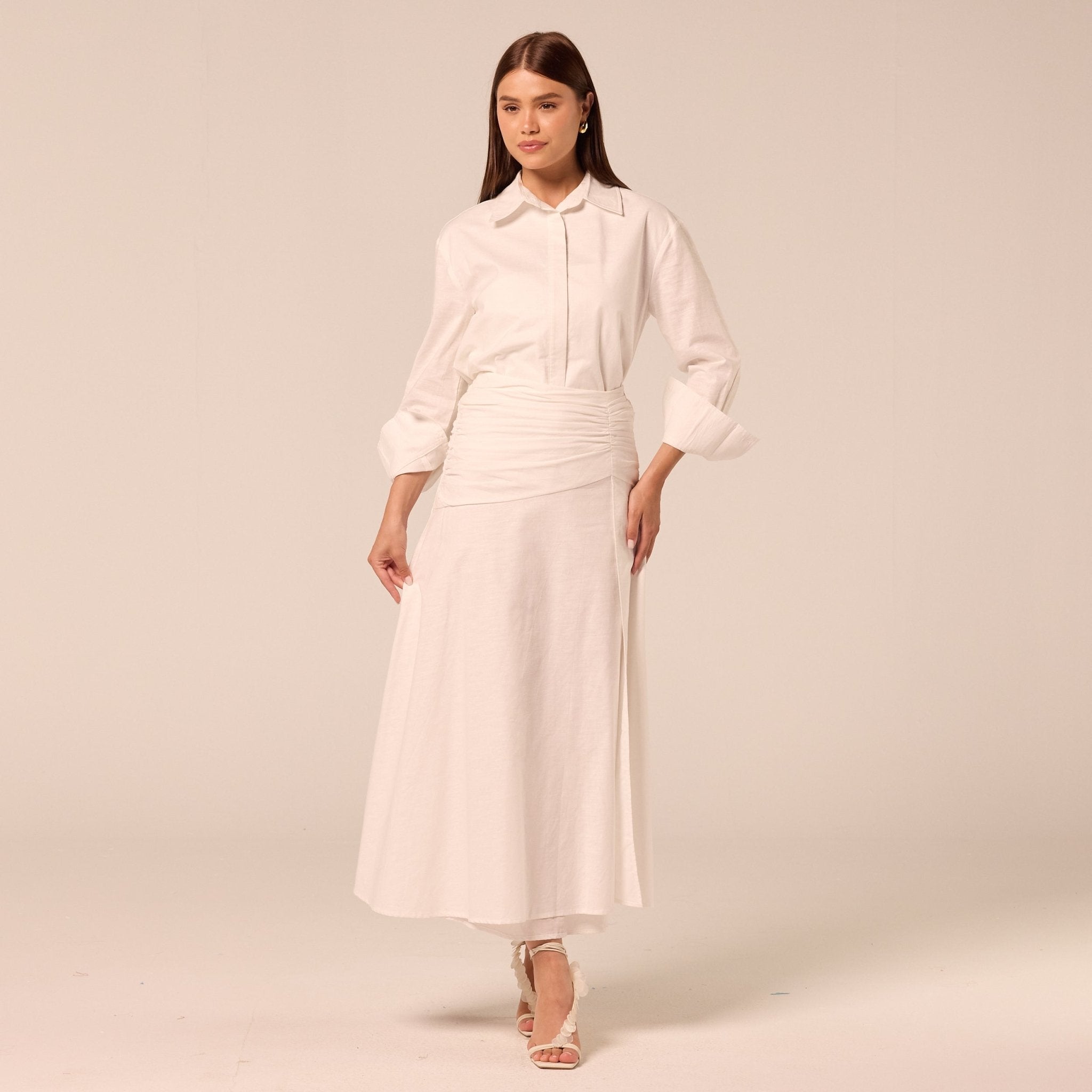 White Ruched Midi Skirt - shopaleena
