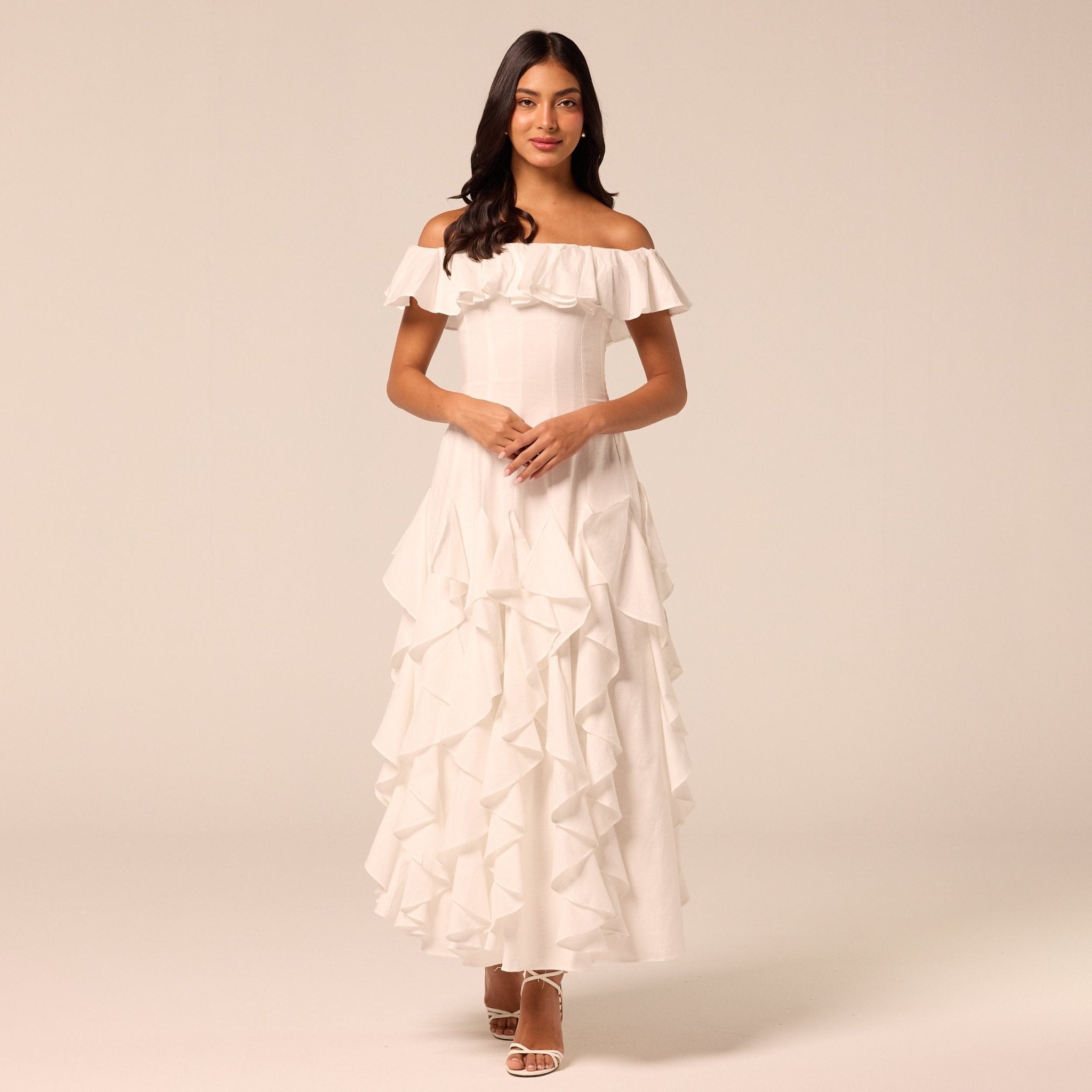 White Ruffle Linen Maxi Dress - shopaleena