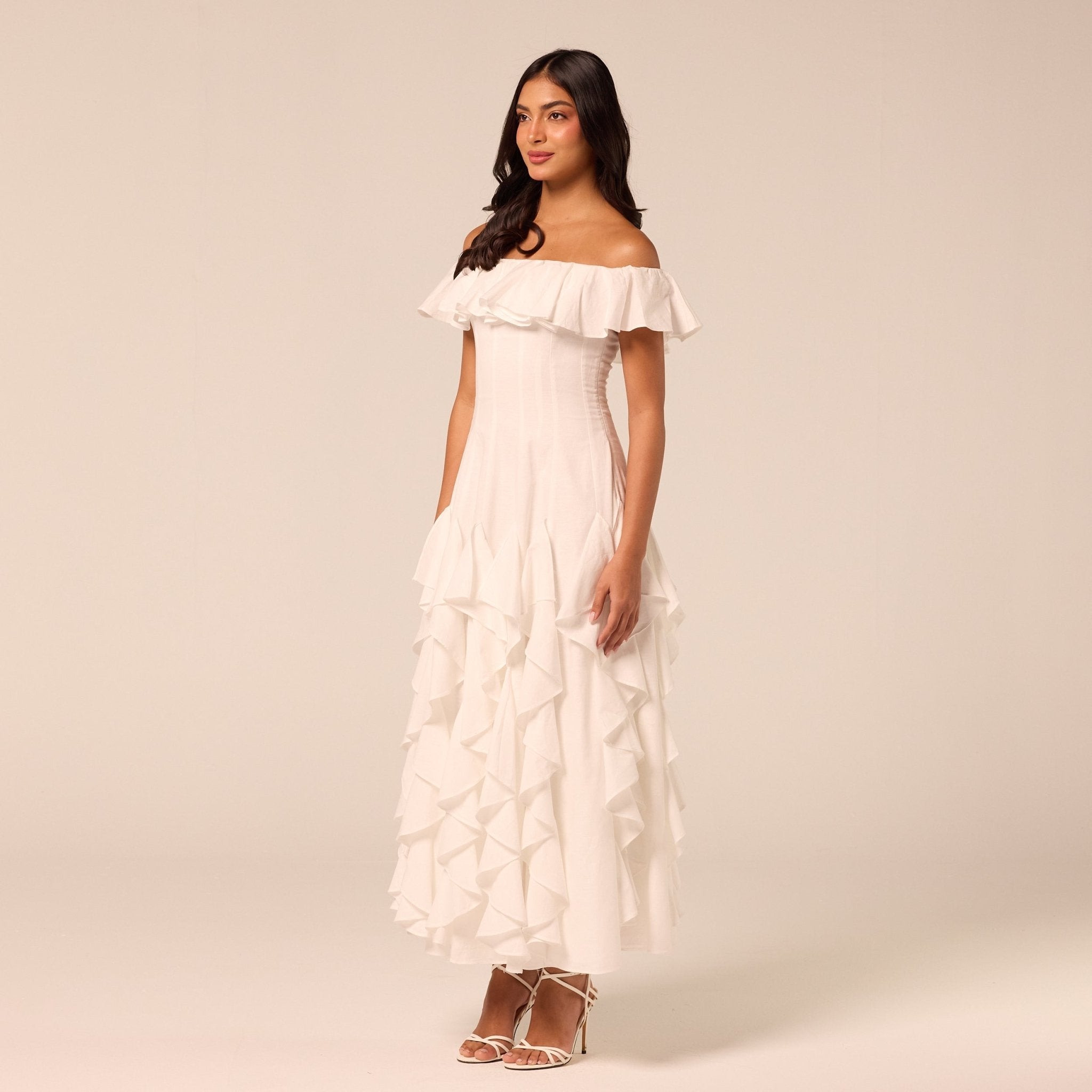 White Ruffle Linen Maxi Dress - shopaleena