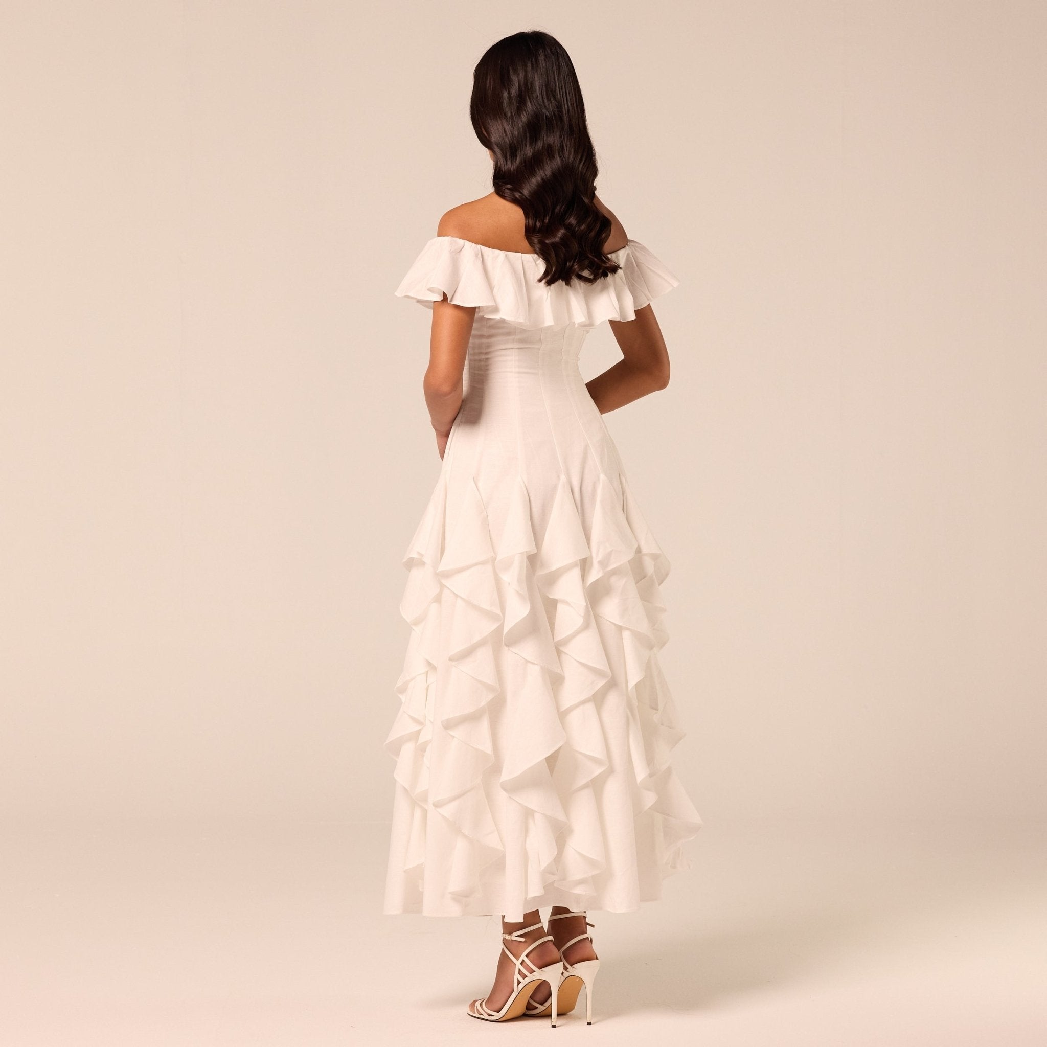 White Ruffle Linen Maxi Dress - shopaleena