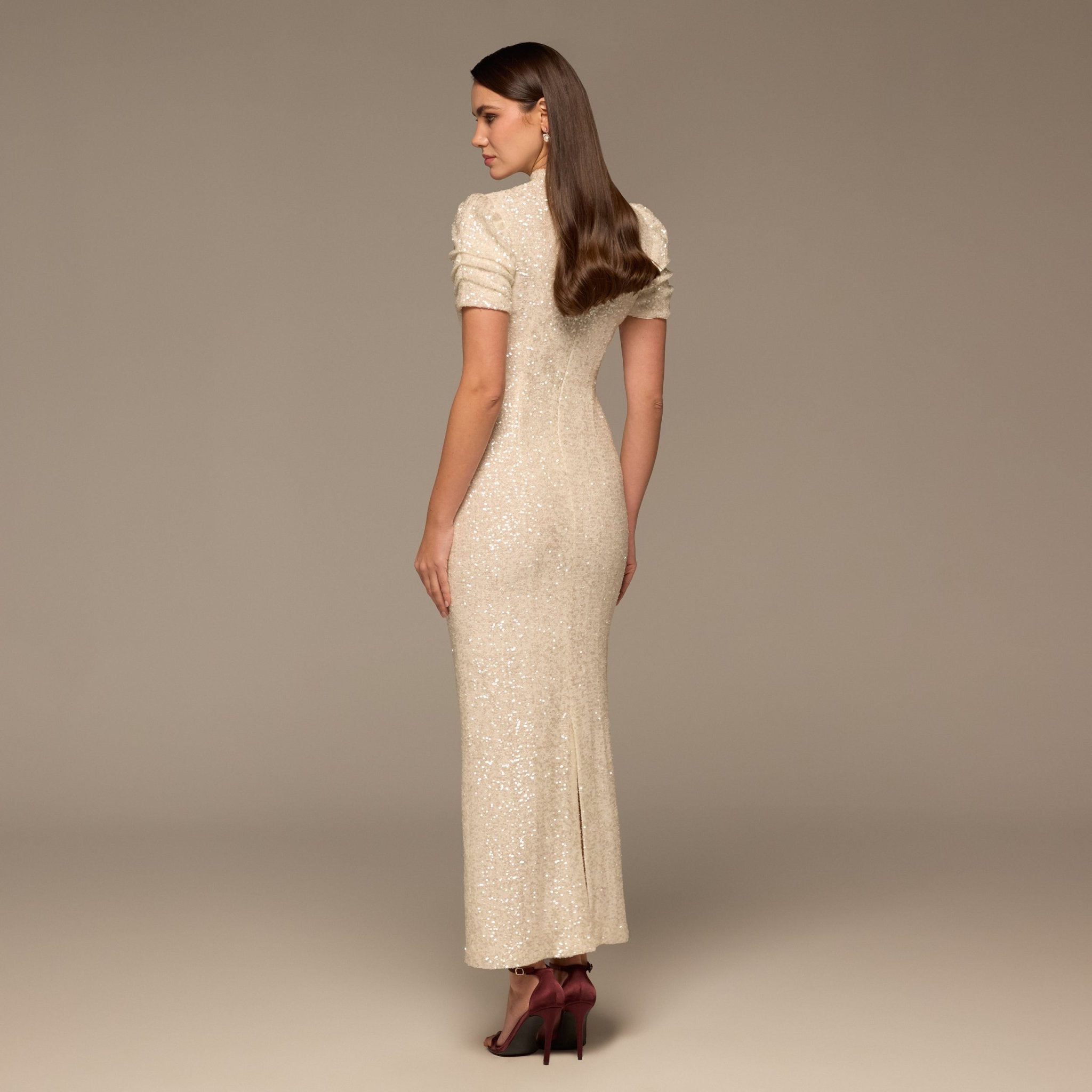 White Sequin Puff Sleeve Maxi Dress - shopaleena