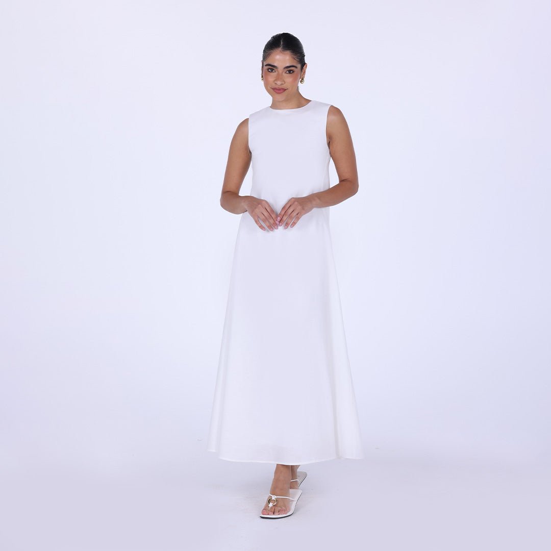 White Sleeveless A - line Linen Maxi Dress - shopaleena