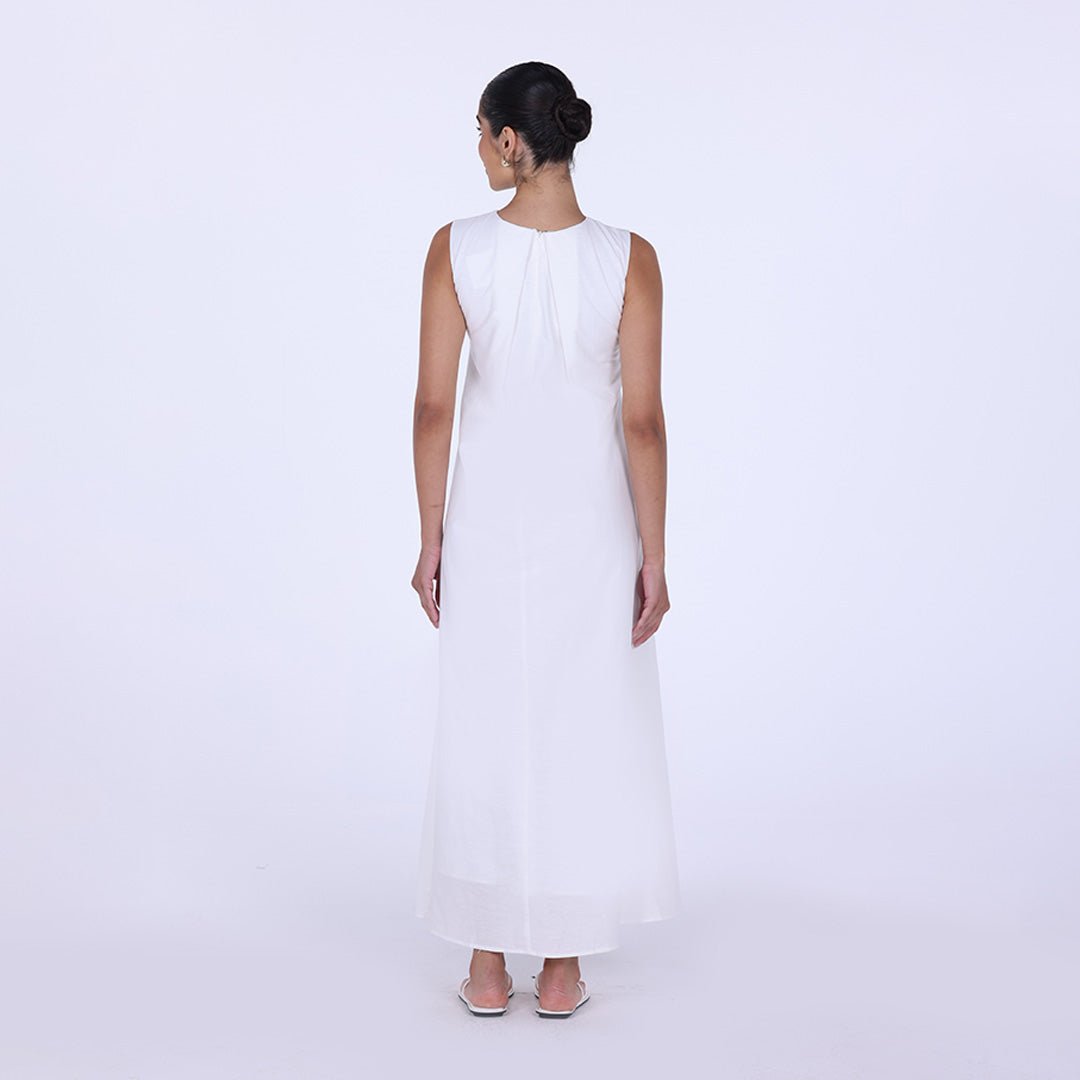 White Sleeveless A - line Linen Maxi Dress - shopaleena