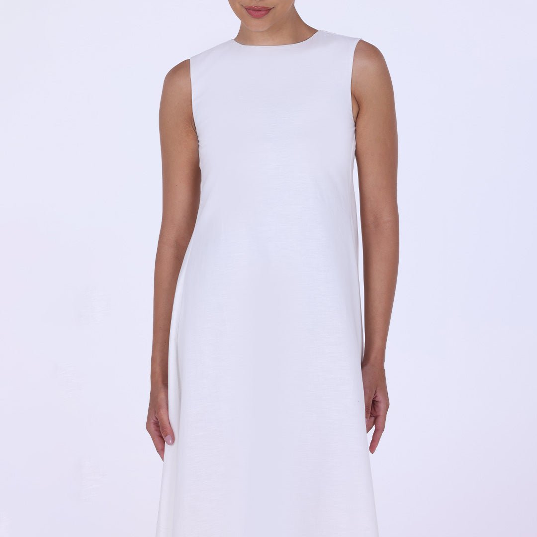 White Sleeveless A - line Linen Maxi Dress - shopaleena