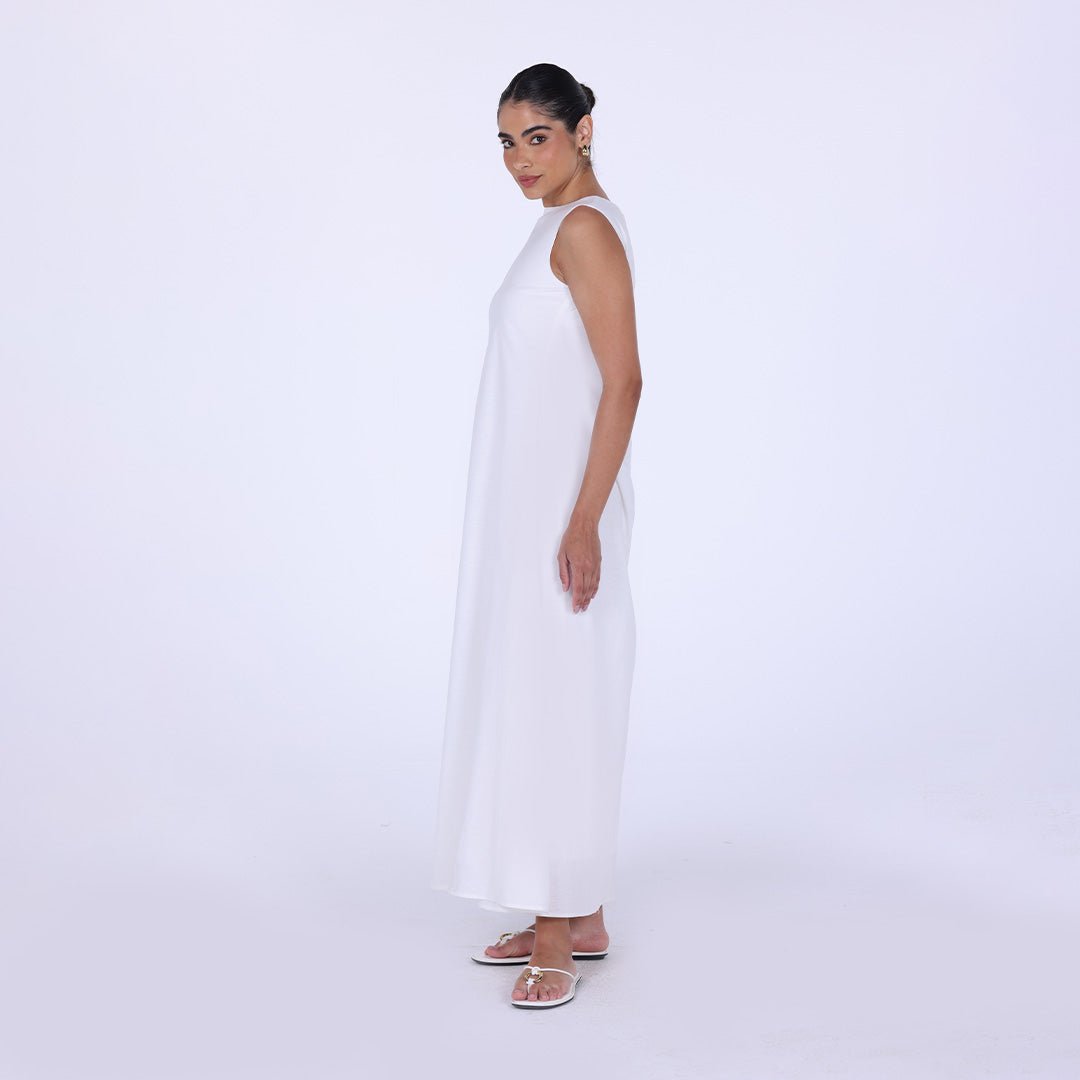 White Sleeveless A - line Linen Maxi Dress - shopaleena