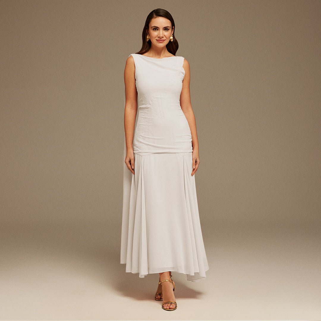 White Sleeveless Chiffon Maxi Dress with embroidery - shopaleena