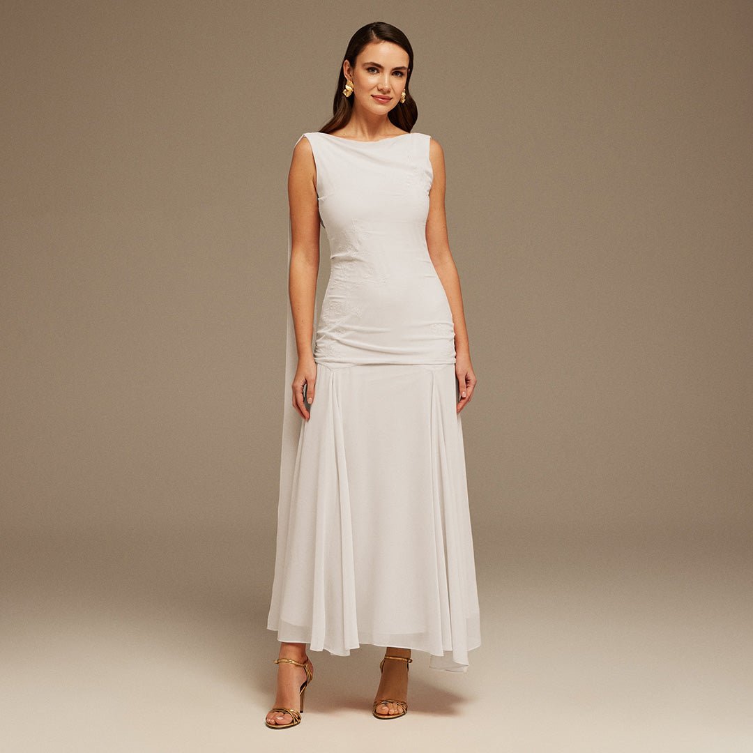 White Sleeveless Chiffon Maxi Dress with embroidery - shopaleena