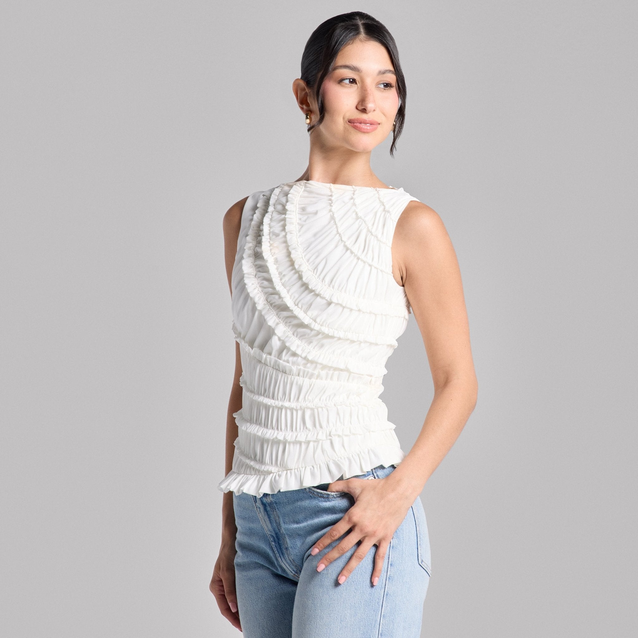White Sleeveless Chiffon Ruffled Blouse - shopaleena