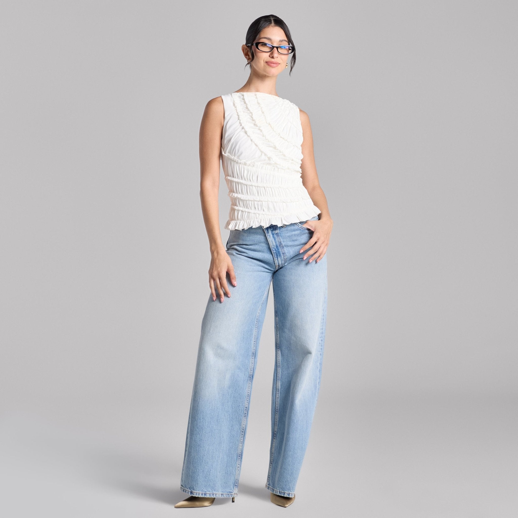 White Sleeveless Chiffon Ruffled Blouse - shopaleena