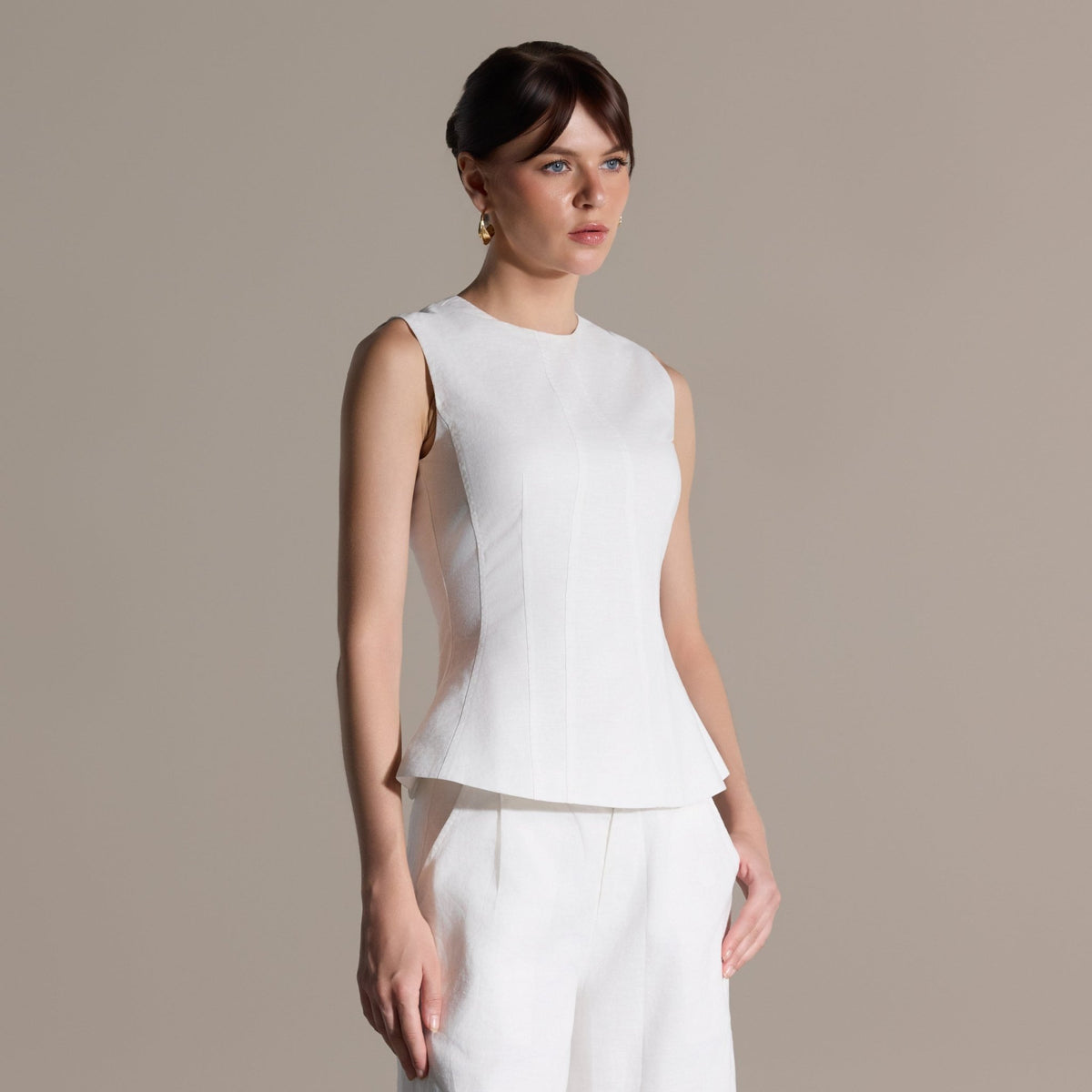 White Sleeveless Round Neck Peplum Top - shopaleena