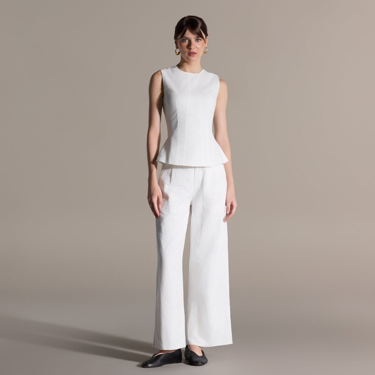 White Sleeveless Round Neck Peplum Top - shopaleena