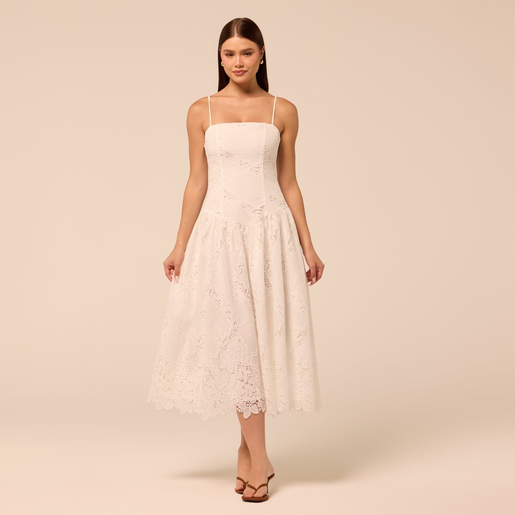 White Spaghetti Strap Floral Lace Midi Dress - shopaleena