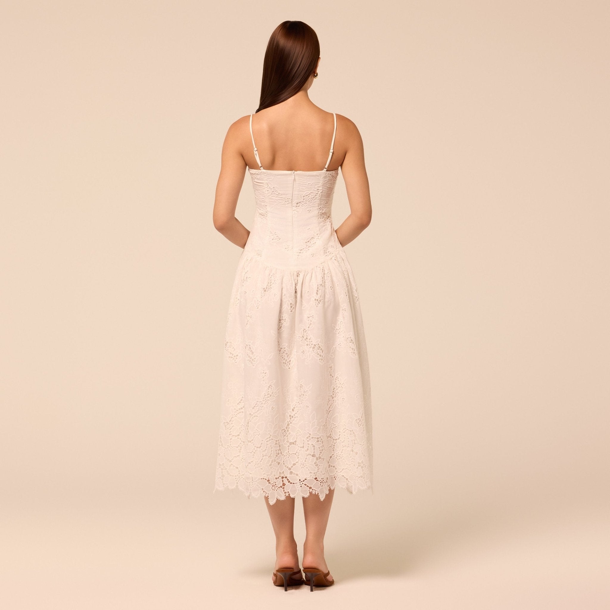 White Spaghetti Strap Floral Lace Midi Dress - shopaleena