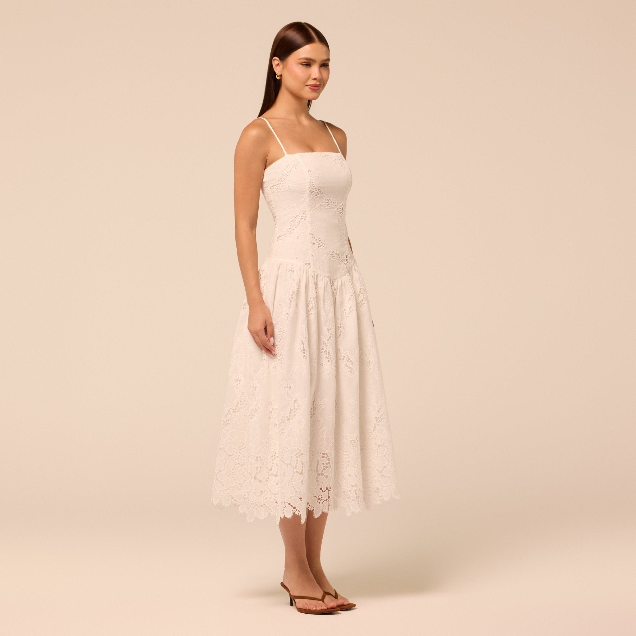 White Spaghetti Strap Floral Lace Midi Dress - shopaleena