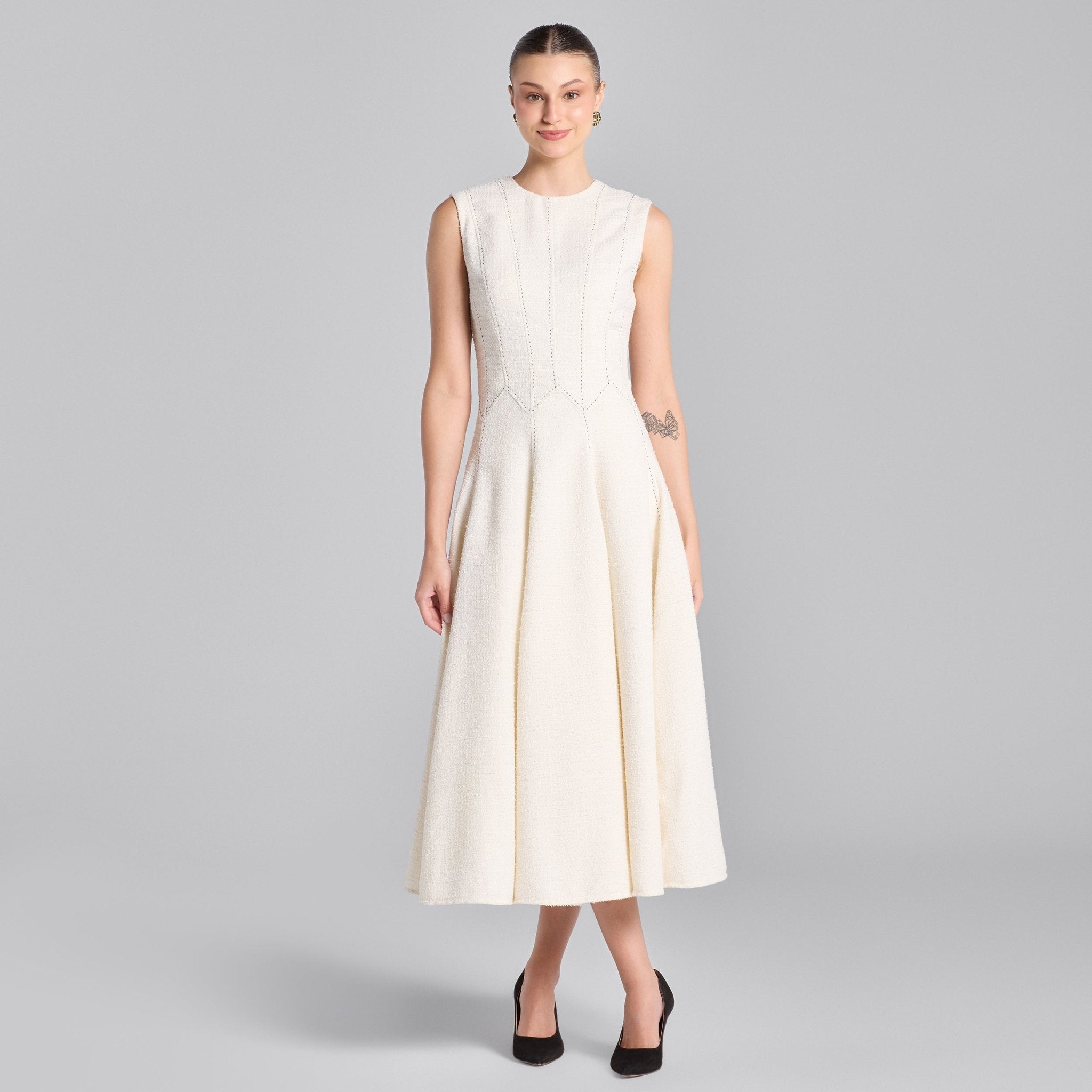White Stitched A - line Twill Midi Dress - shopaleena