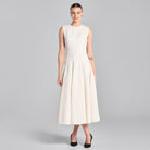 White Stitched A - line Twill Midi Dress - shopaleena