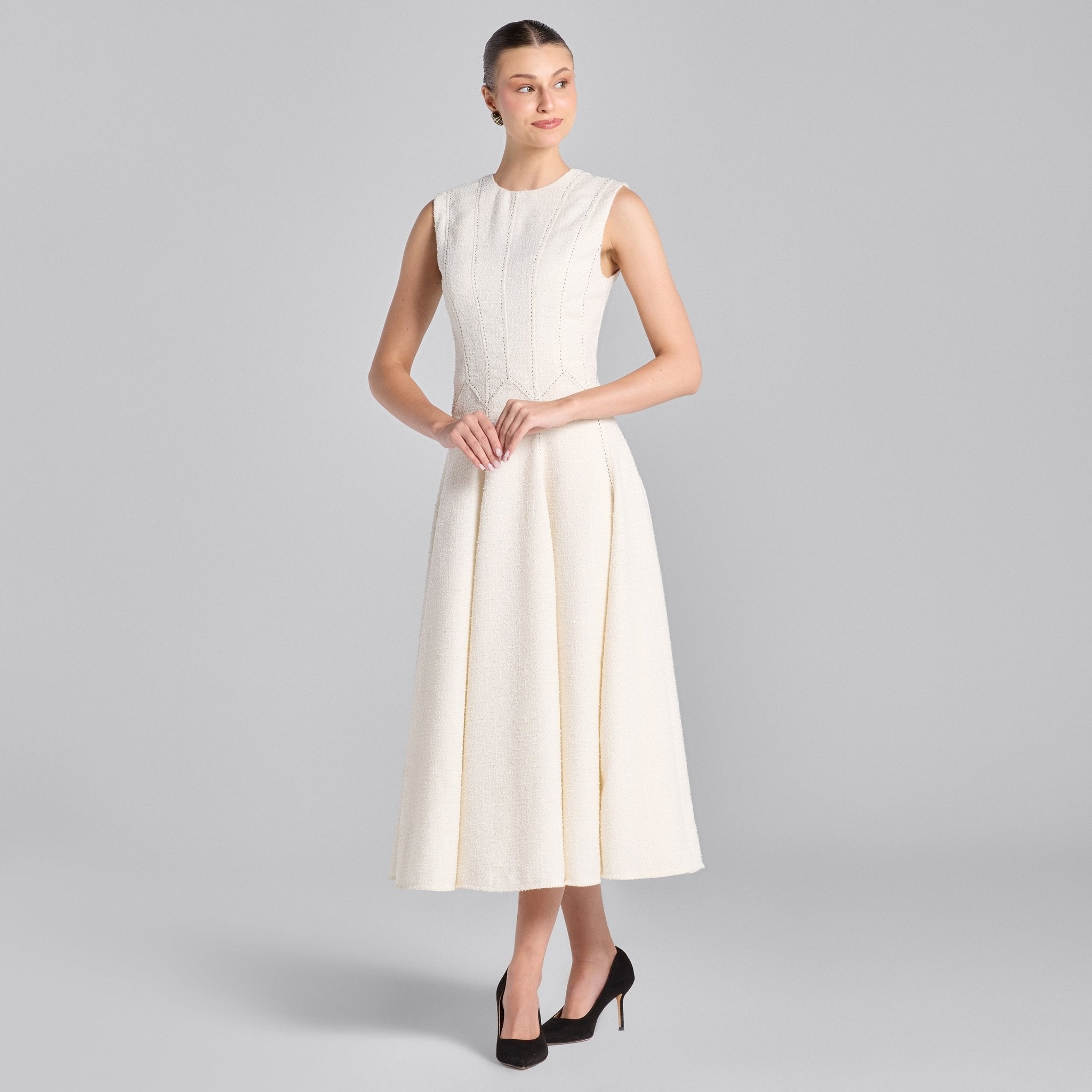 White Stitched A - line Twill Midi Dress - shopaleena