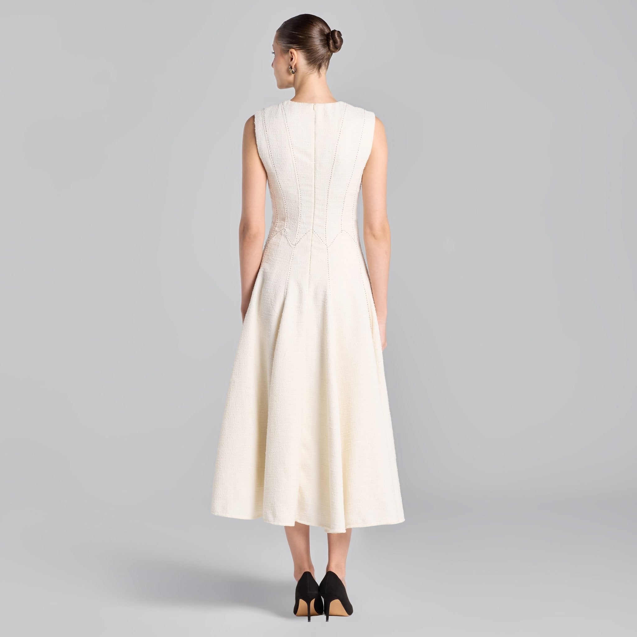 White Stitched A - line Twill Midi Dress - shopaleena