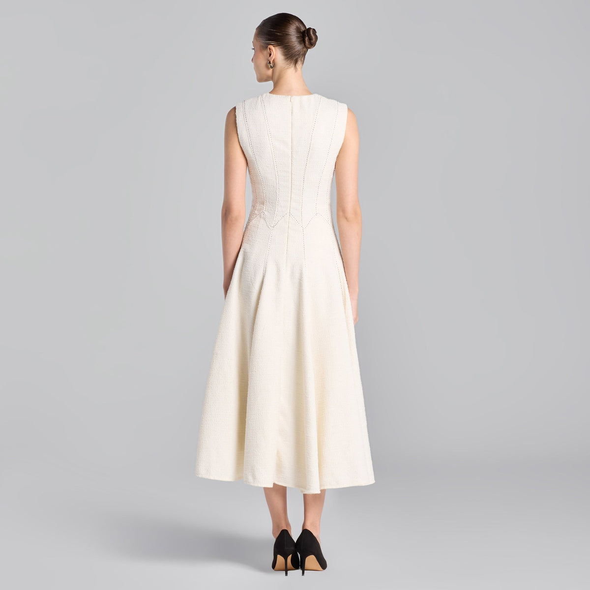 White Stitched A-line Twill Midi Dress – shopaleena