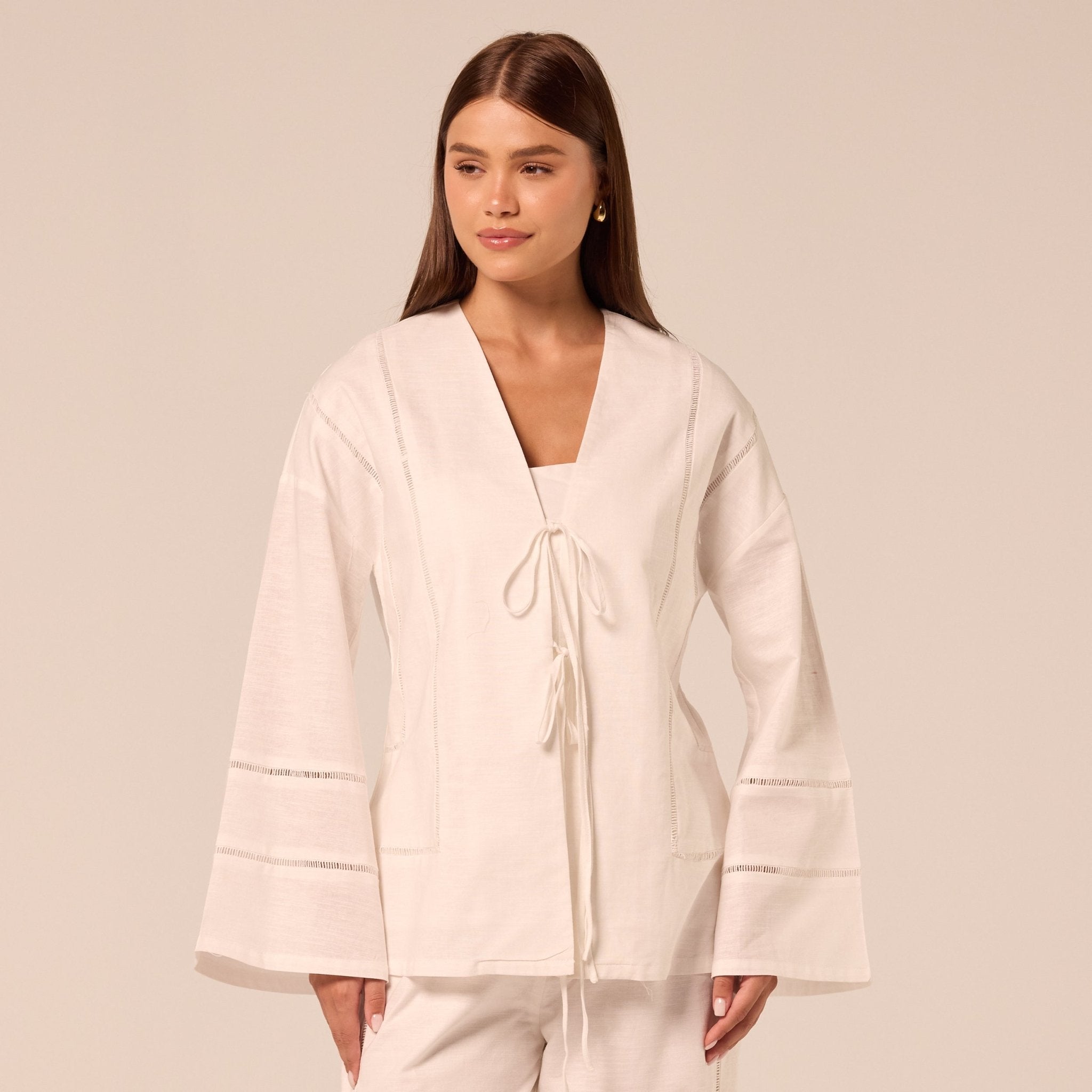 White Tie-Front Cotton-Linen Shirt - shopaleena