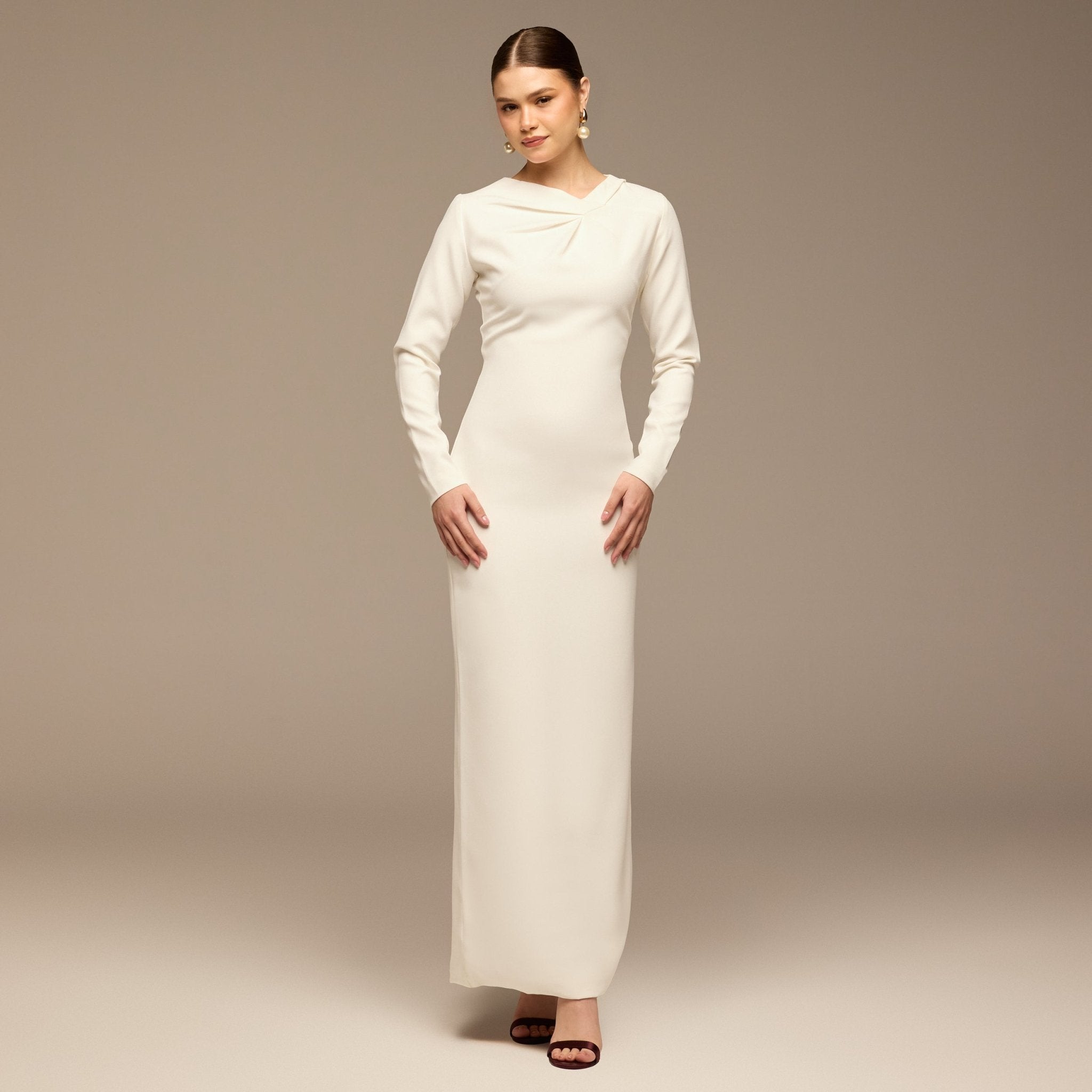 White Twist Neck Crepe Dress - shopaleena