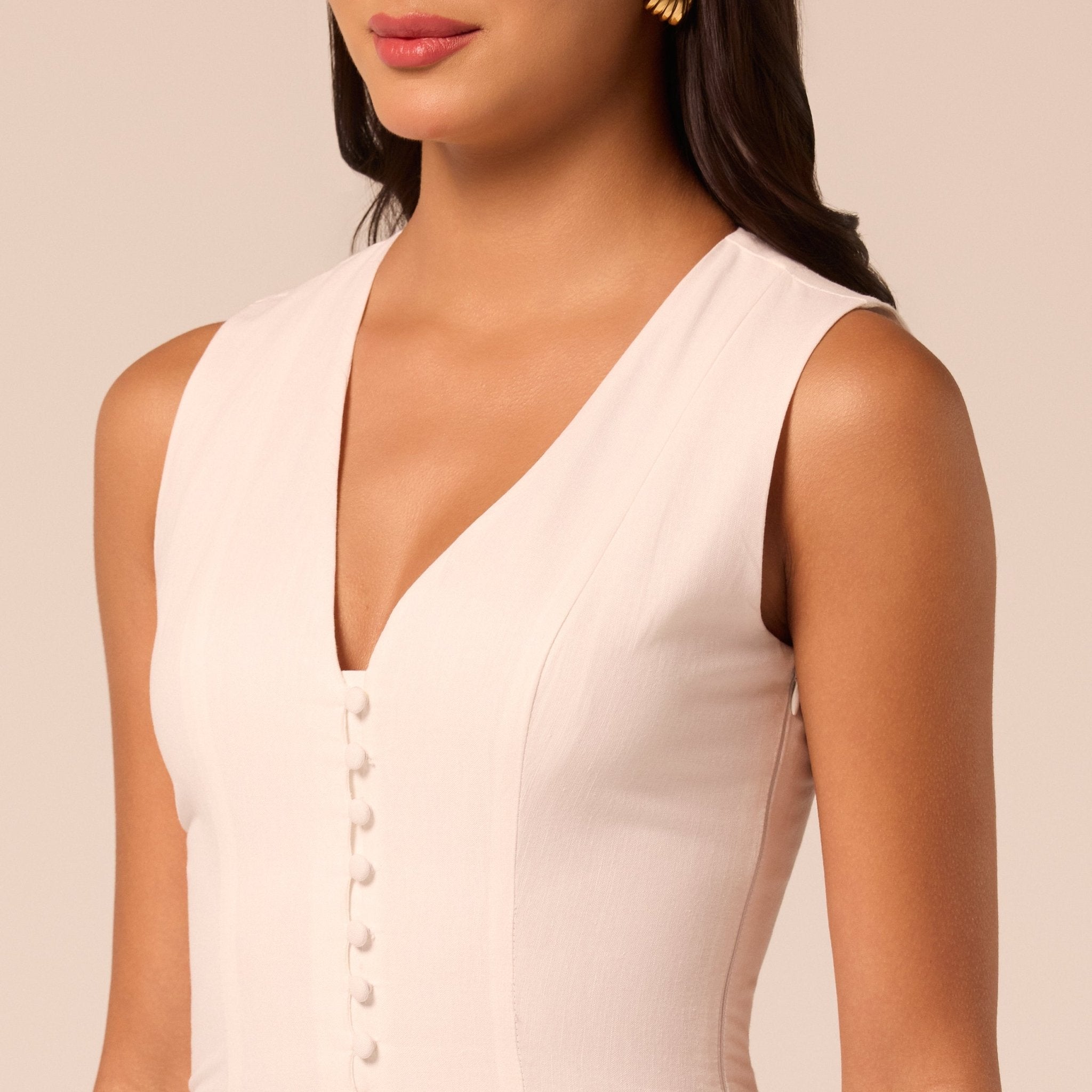 White V-Neck Pleated Linen Midi Dress - shopaleena