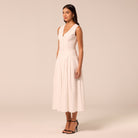 White V-Neck Pleated Linen Midi Dress - shopaleena
