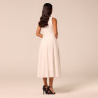 White V-Neck Pleated Linen Midi Dress - shopaleena