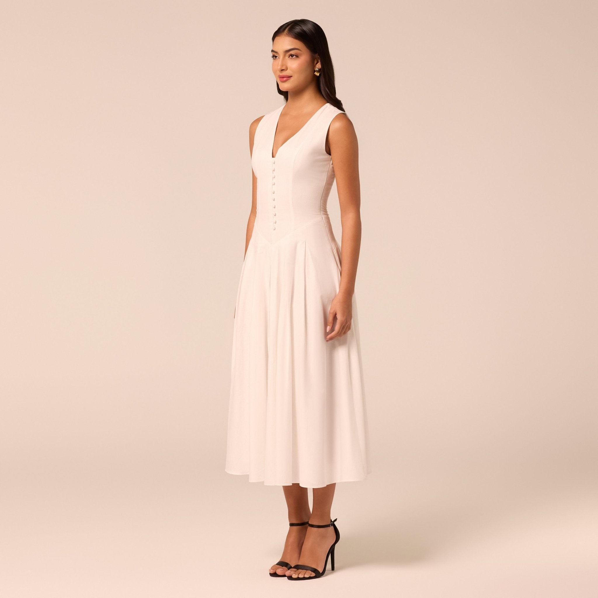 White V-Neck Pleated Linen Midi Dress - shopaleena