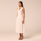 White V-Neck Pleated Linen Midi Dress - shopaleena