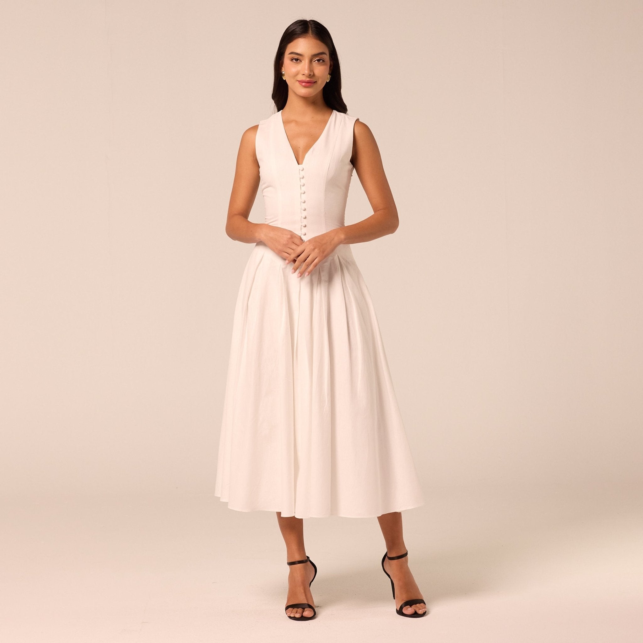 White V-Neck Pleated Linen Midi Dress - shopaleena