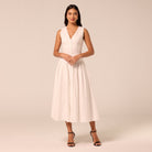 White V-Neck Pleated Linen Midi Dress - shopaleena