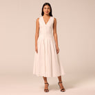 White V-Neck Pleated Linen Midi Dress - shopaleena