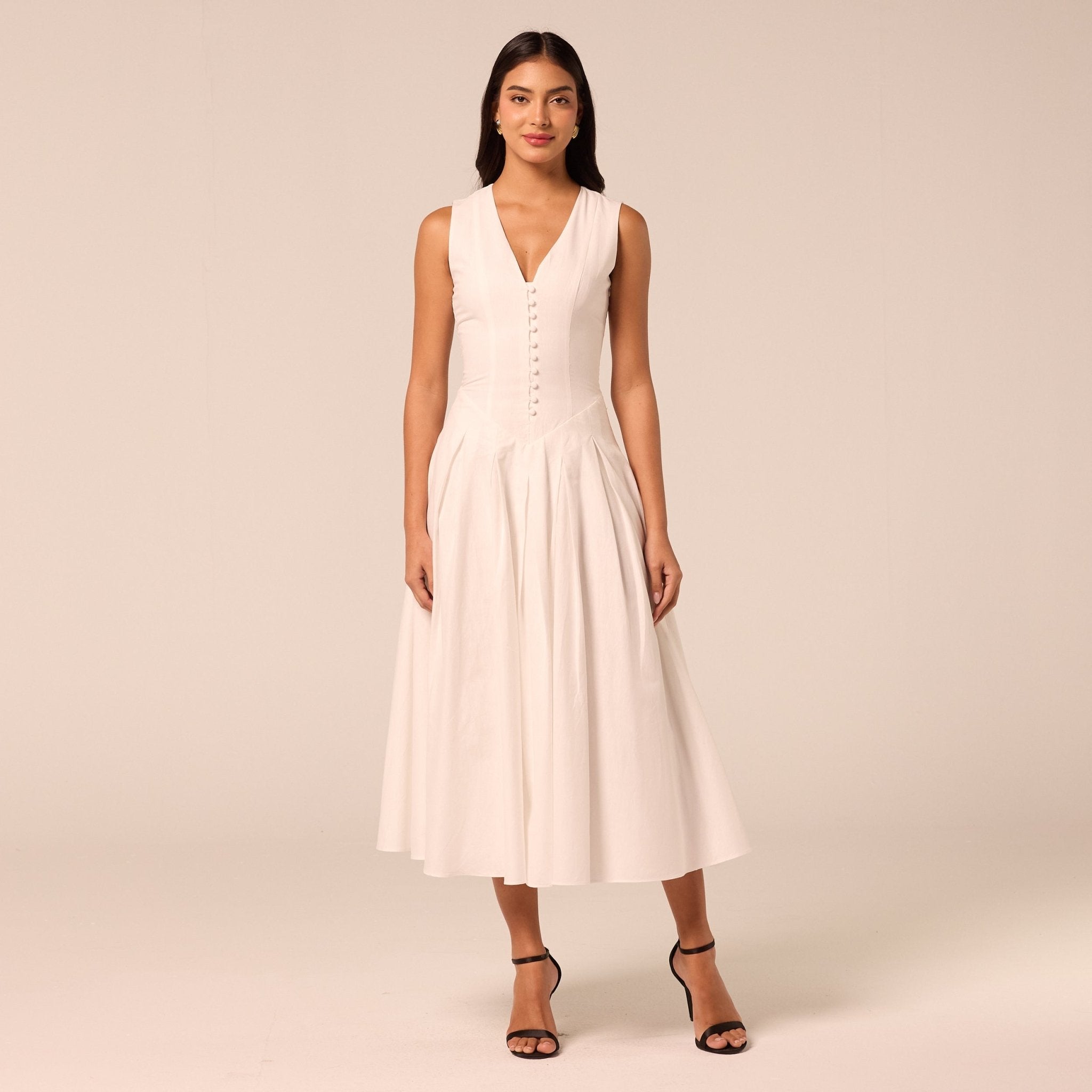 White V-Neck Pleated Linen Midi Dress - shopaleena