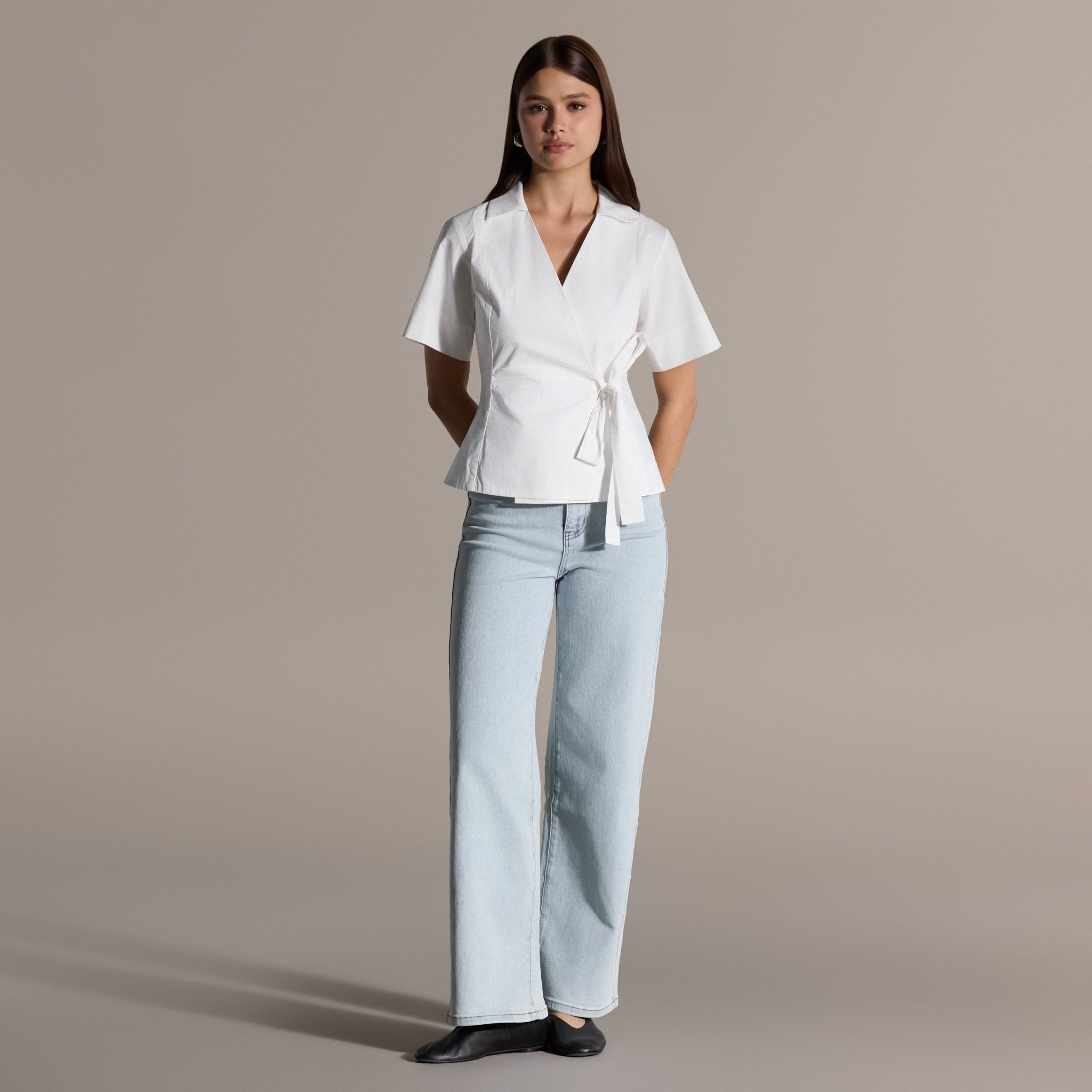 White V-Neck Wrap Blouse - shopaleena
