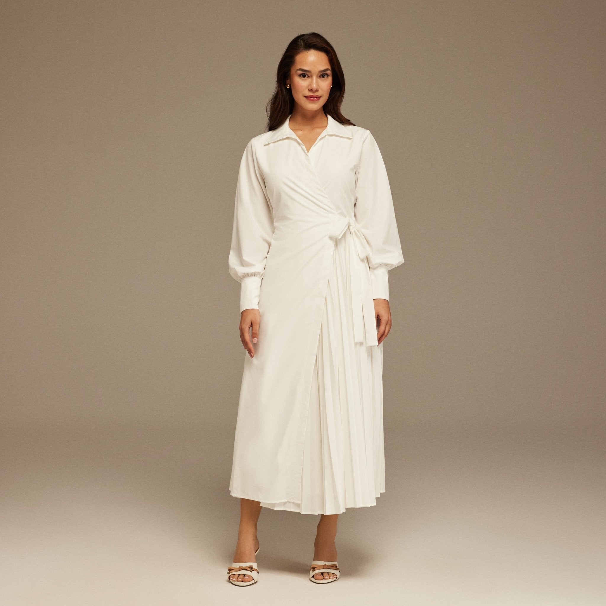 White Warped Dress Poplin With Pleats - shopaleena