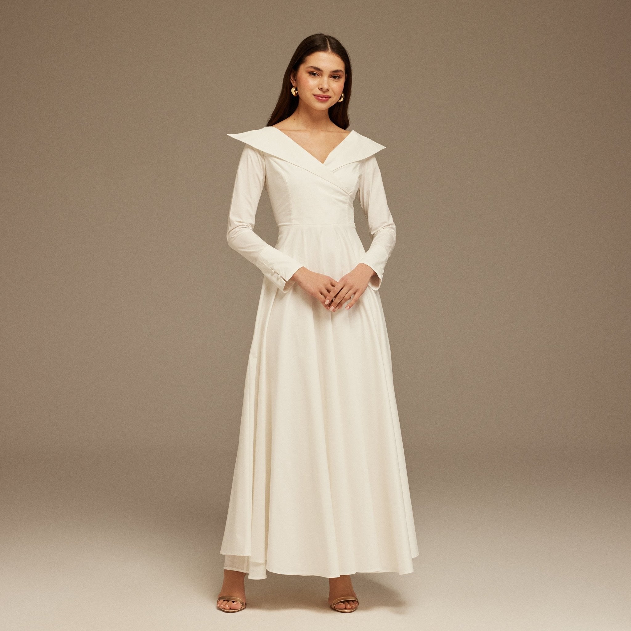 White Wide Neck Long Sleeve Midi Dress - shopaleena