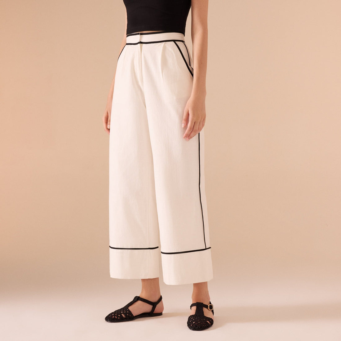 Wide Leg Pants With Black Lines - shopaleena