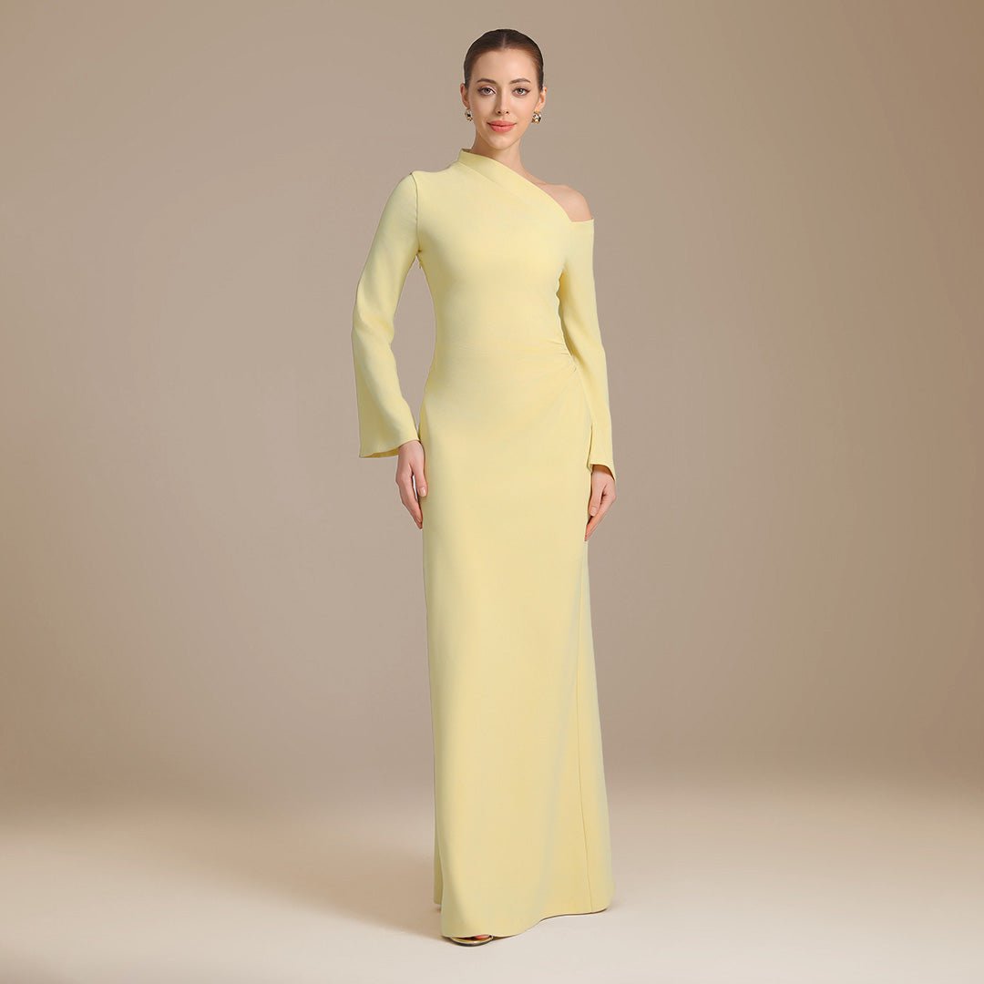 Yellow Bare shoulder Crepe maxi dress - shopaleena