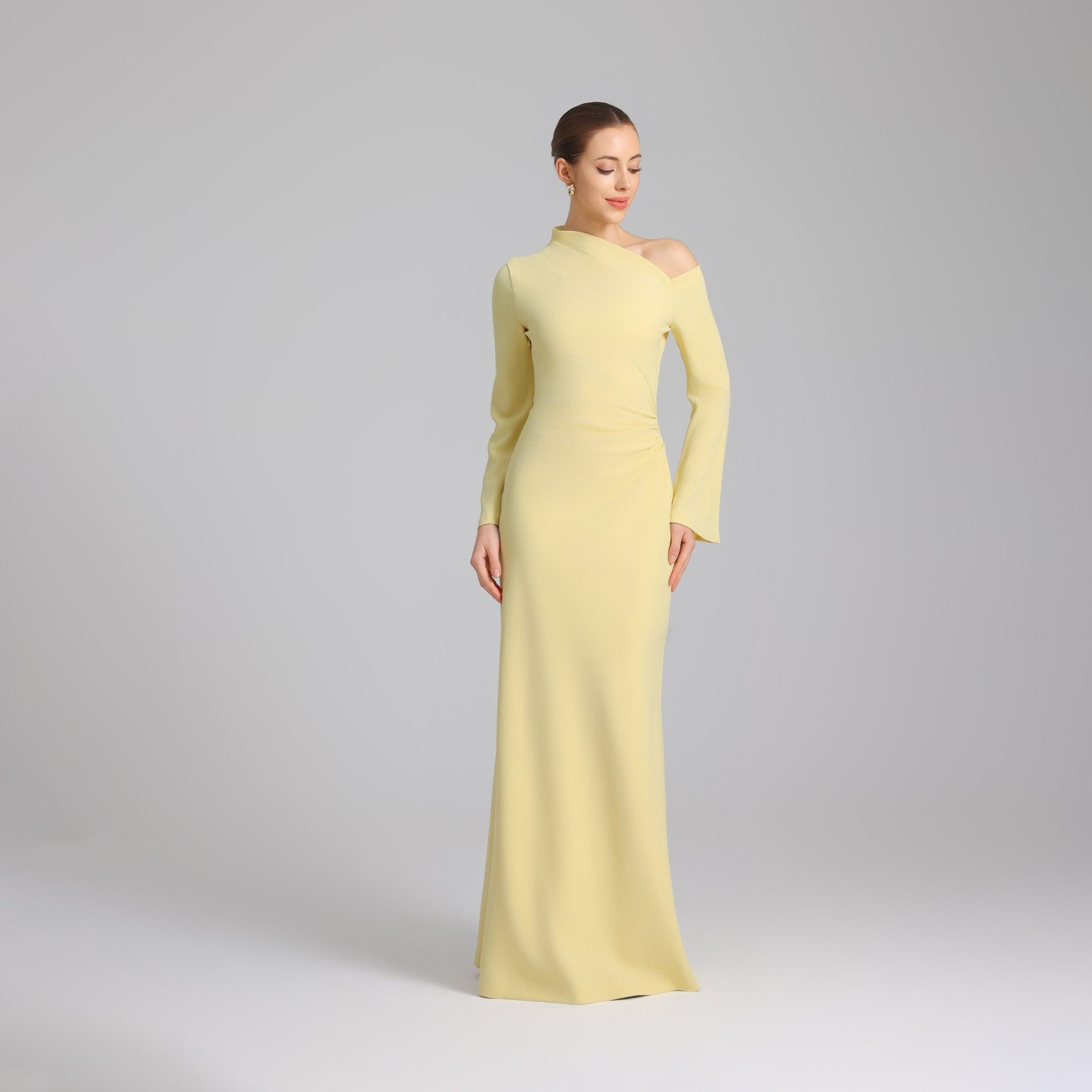 Yellow Bare shoulder Crepe maxi dress - shopaleena