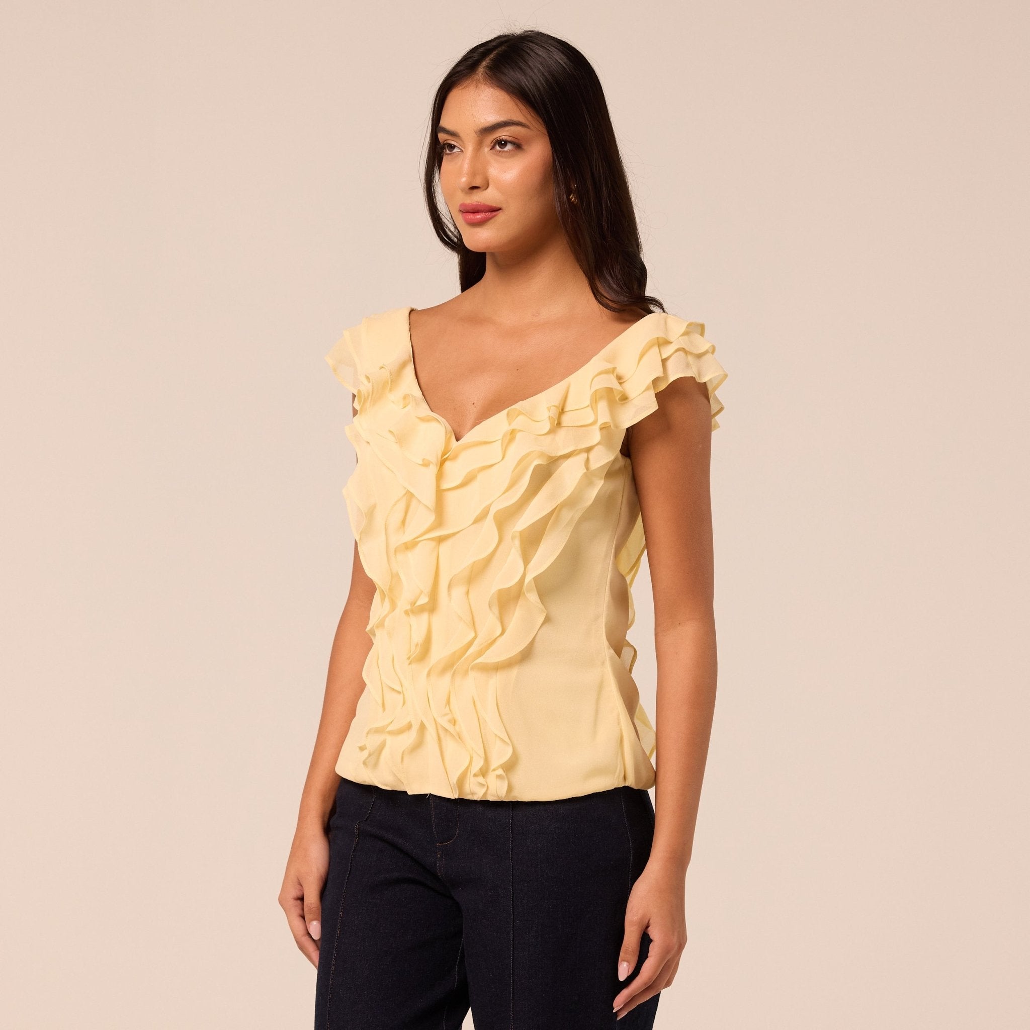 Yellow Cascade Ruffle Chiffon Top - shopaleena