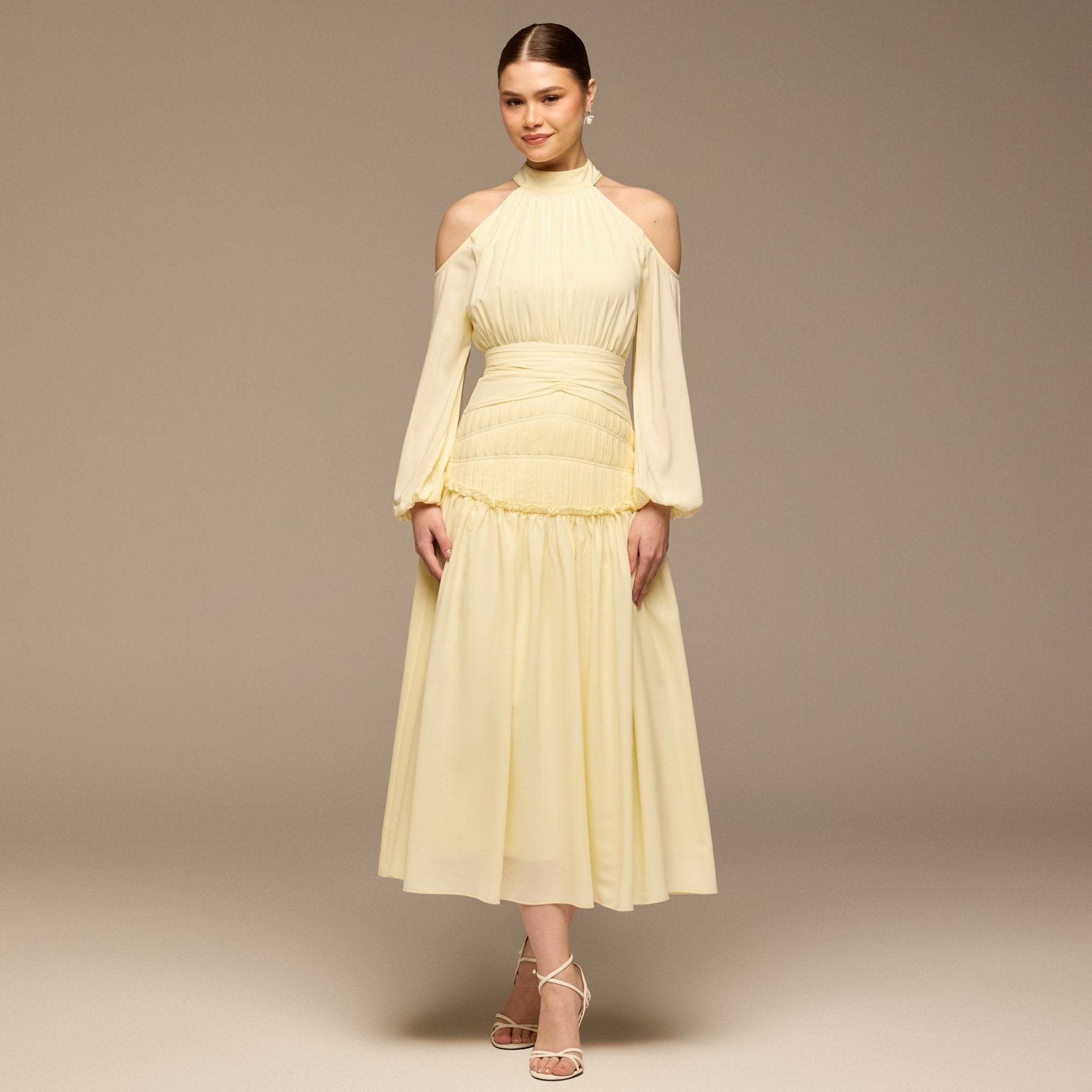 Yellow Cold Shoulder Chiffon Dress - shopaleena
