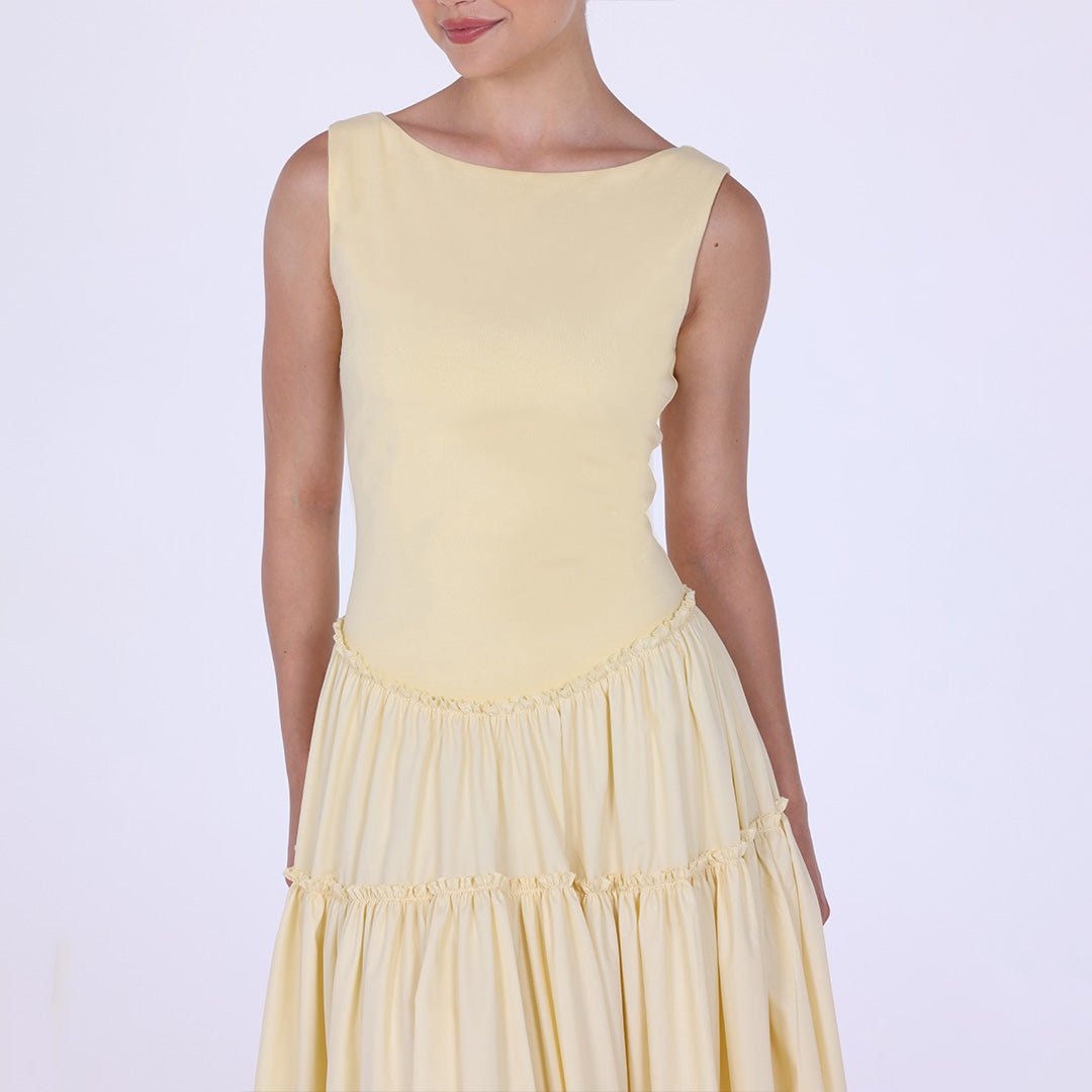 Yellow Cotton Drop Waist Midi Dress with Crinkled Linen Skirt - shopaleena