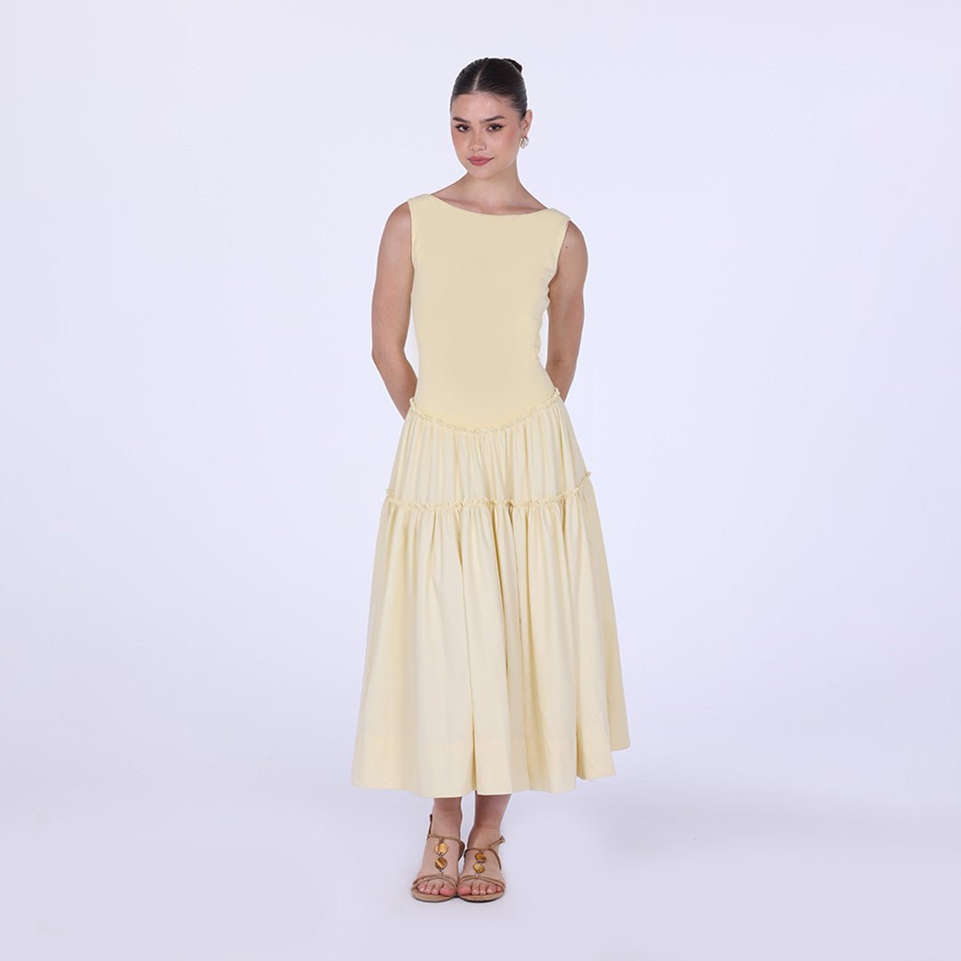 Yellow Cotton Drop Waist Midi Dress with Crinkled Linen Skirt - shopaleena