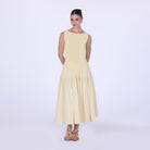 Yellow Cotton Drop Waist Midi Dress with Crinkled Linen Skirt - shopaleena